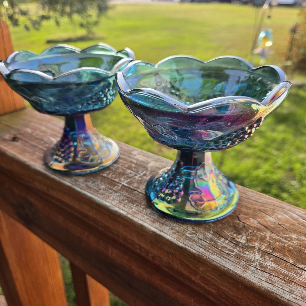 Vintage Indiana Carnival Glass Candlesticks Grapes Harvest Blue Iridescent Fairy